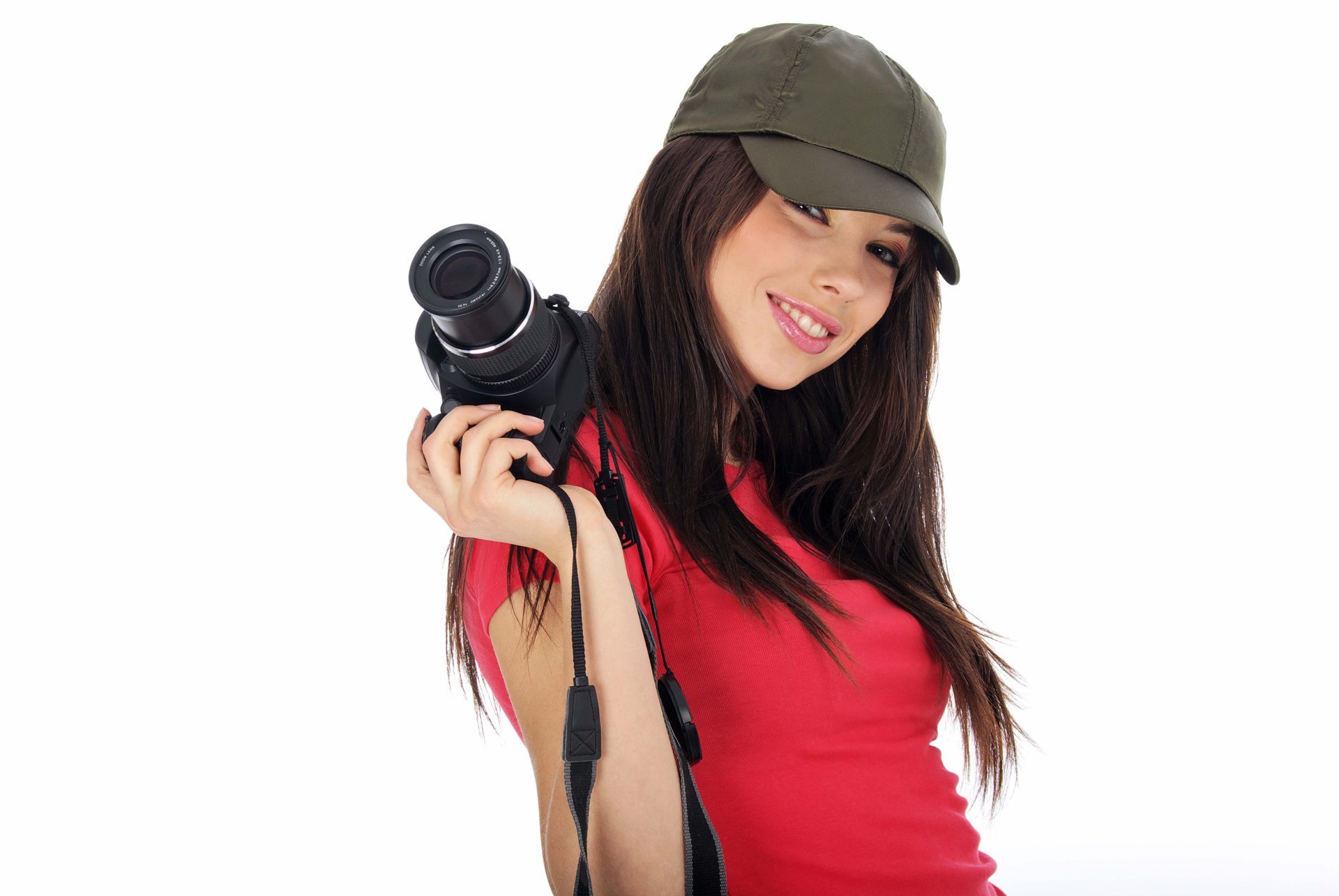 umore ragazza bella in un cappello con la macchina fotografica paparazzi sorriso flirty sguardo