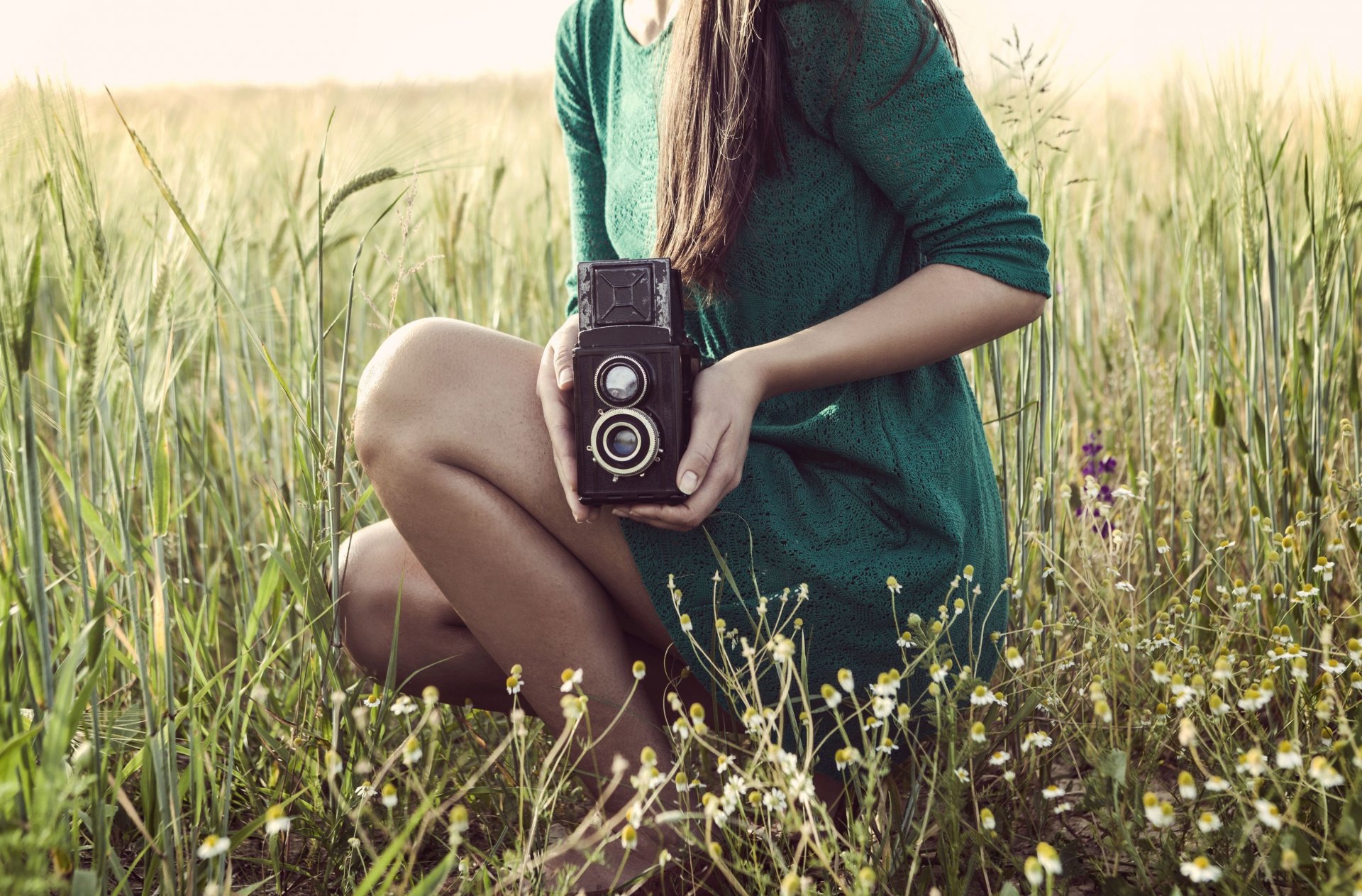 mood girl brunette feet dress a camera the camera the field grass green meadow background wallpaper widescreen full screen hd wallpapers fullscreen