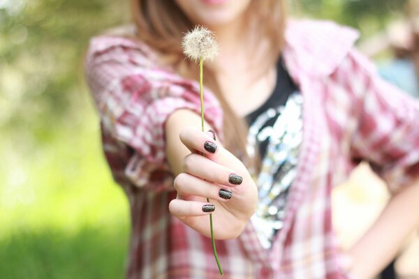 Main de jeune fille avec pissenlit sur fond de nature floue