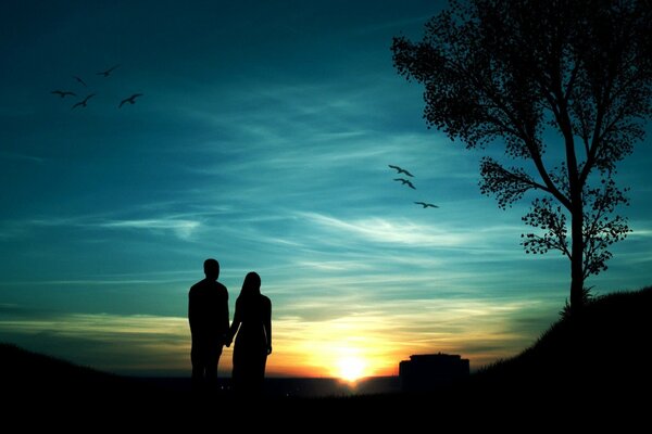 Autour d un couple amoureux regardant le coucher de soleil, les oiseaux tournent