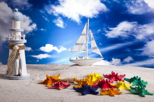 Modello di Faro e nave sulla sabbia contro il cielo
