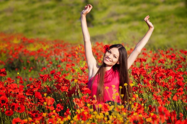 Fille dans un champ de fleurs, belle fille