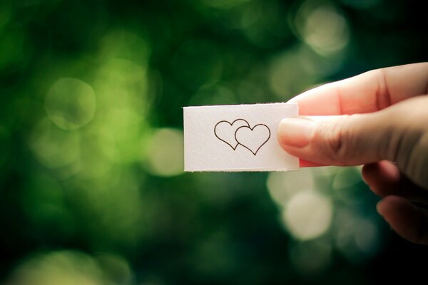 Two hearts. drawn on a piece of paper held in the hand