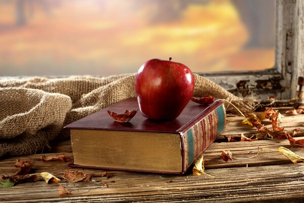 Manzana roja en el libro que yace en el alféizar de la ventana