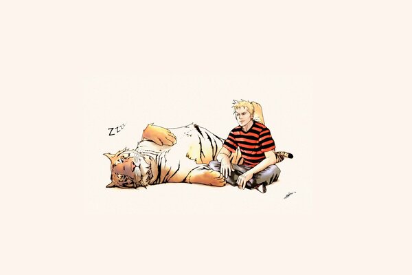 Zeichnung eines Mannes mit einem Tiger auf hellem Hintergrund