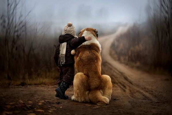 A boy hugs a dog