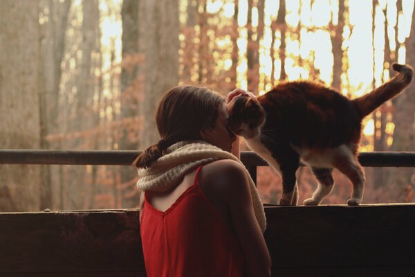 A girl with a scarf and a loving cat