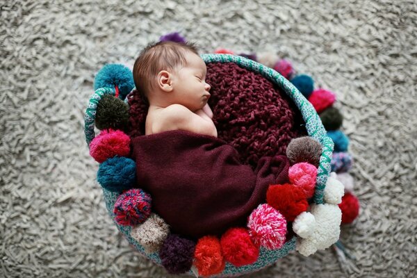 A newborn sleeps sweetly in a basket with pumpons