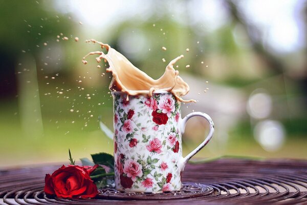 The composition is a red rose and a cup with splashes of coffee