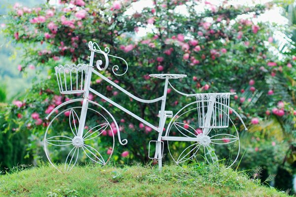 Installazione di una bicicletta bianca in cespugli fioriti