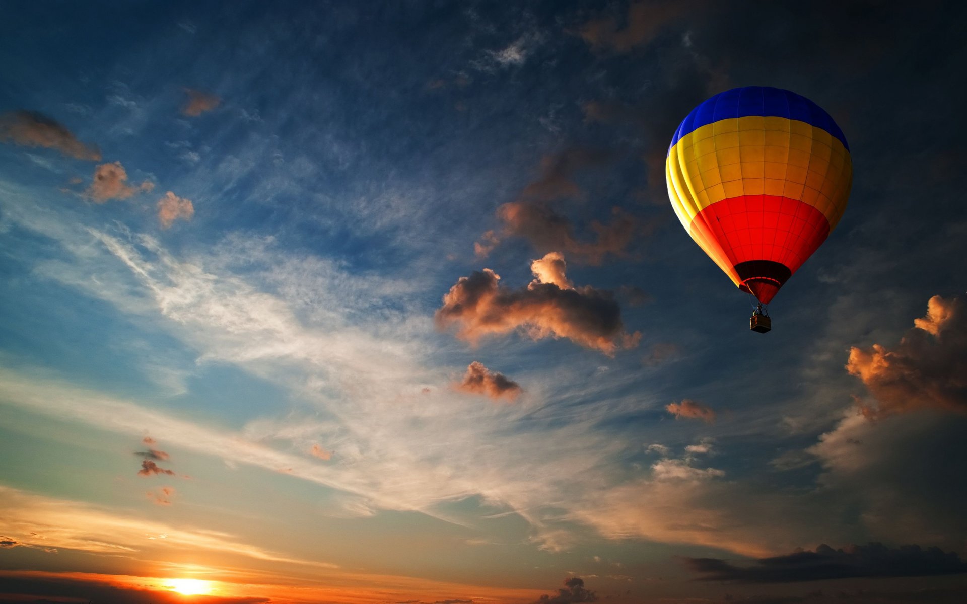 balloons balloon sky clouds blue sky evening romance colors air bubbles sports adrenaline altitude red yellow blue widescreen wallpapers widescreen pictures wind light sun sunset