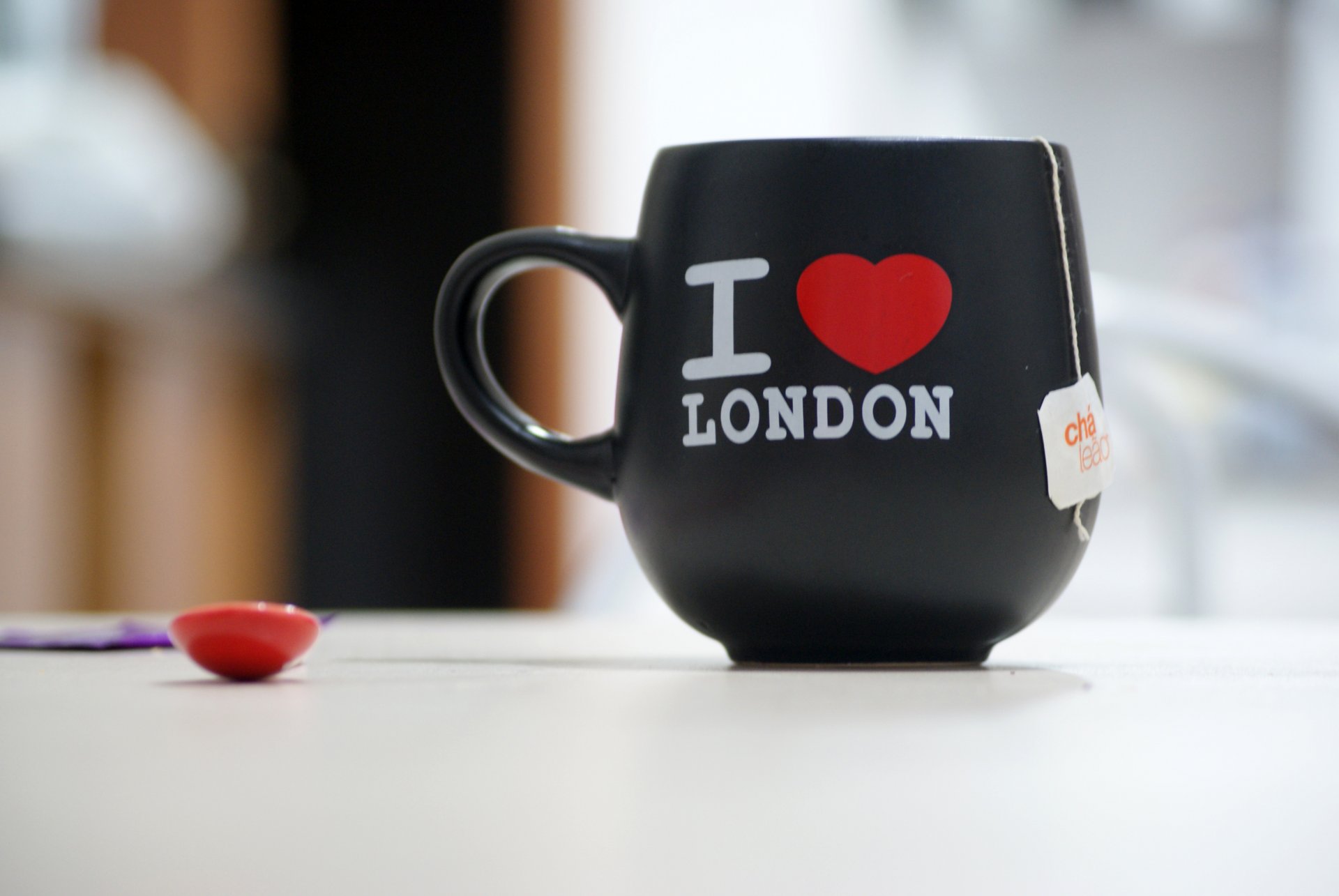 mood mug cup black i love london heart heart tea. tea bag spoon red background wallpaper