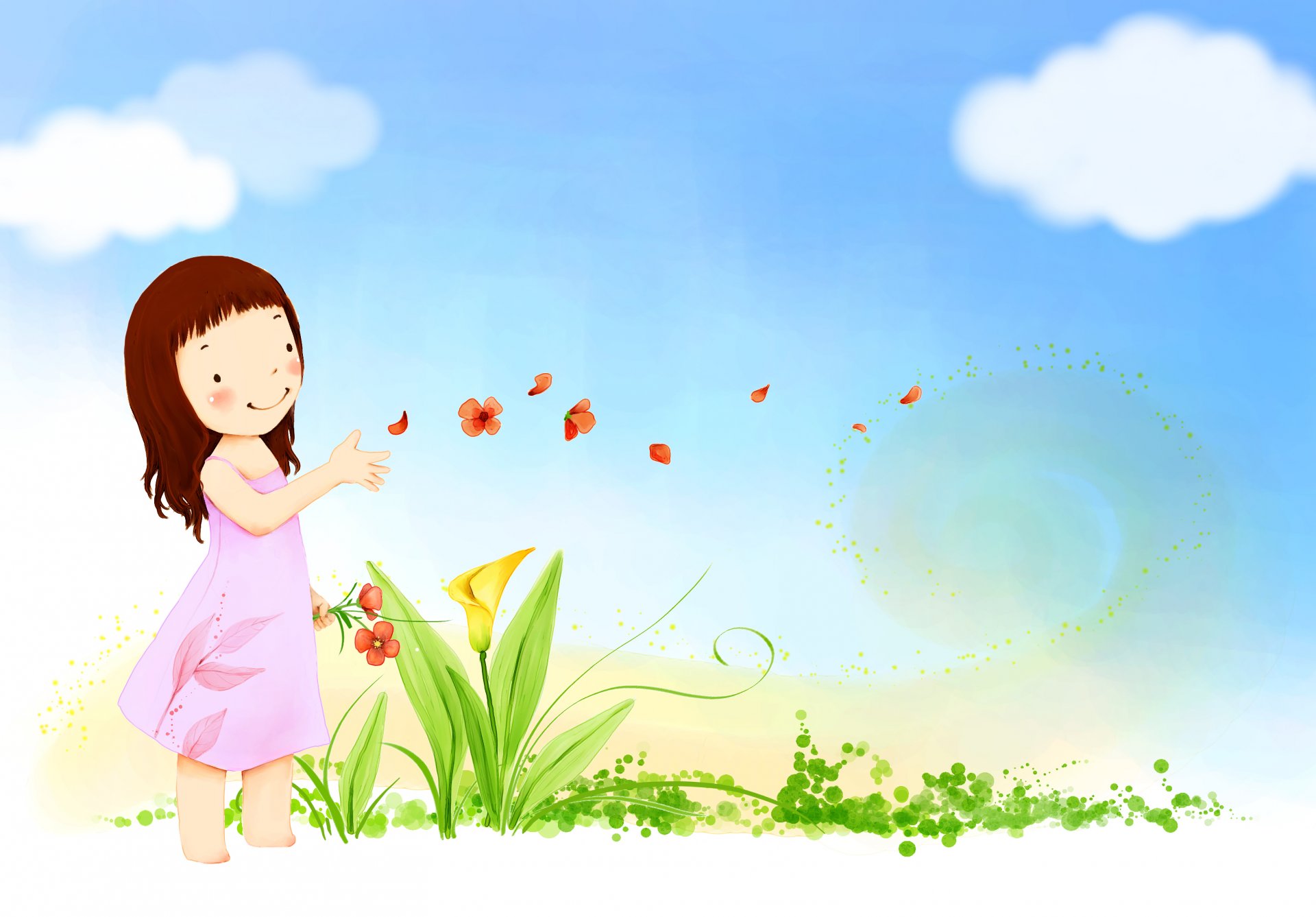 children s wallpaper girl smile dress wind flower petals sky cloud