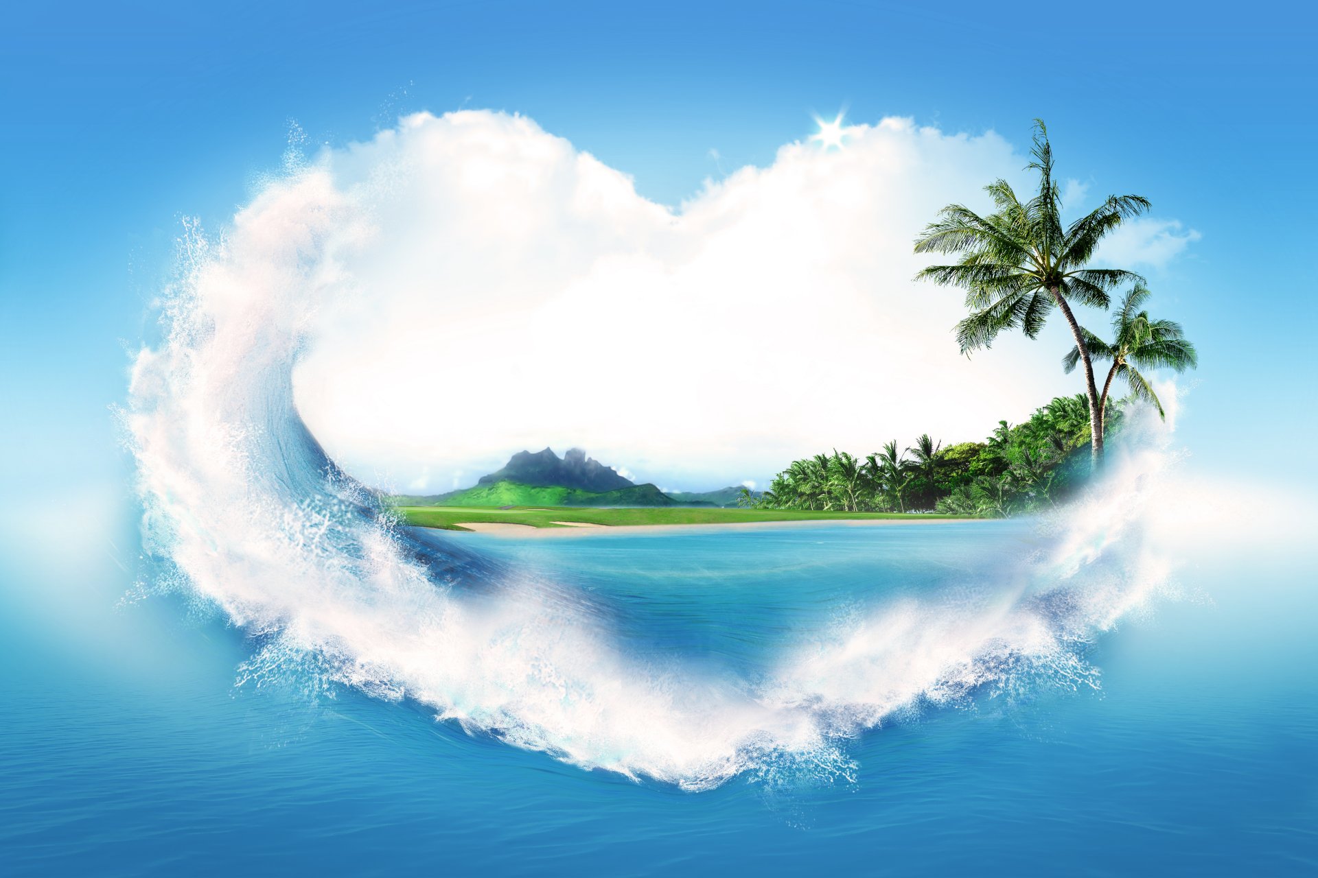 creativo corazón salpicaduras agua mar palmeras costa arena