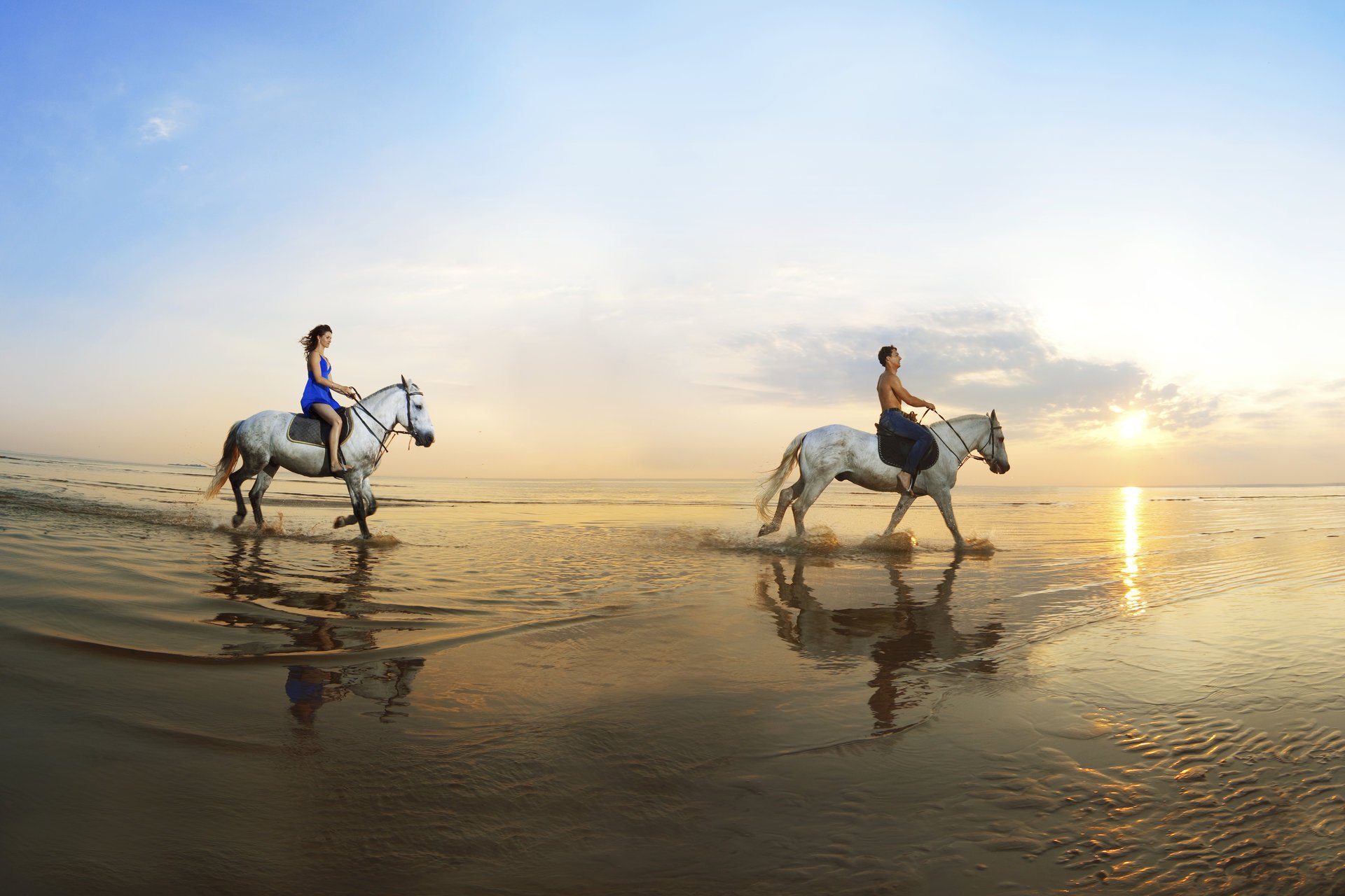 girl guy walk coast horse sea sand reflection