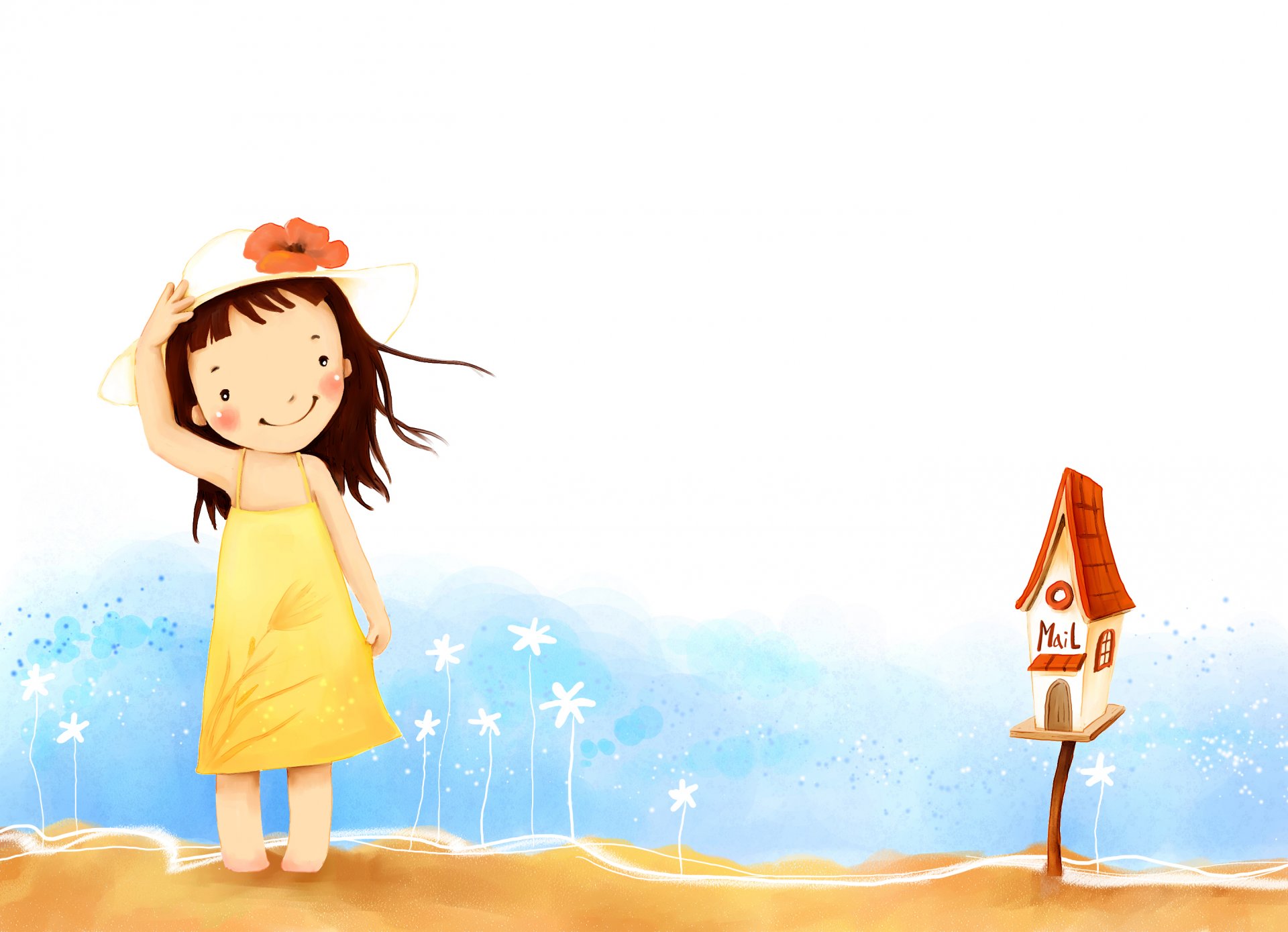 children s wallpaper girl smile hat wind dress flower mailbox