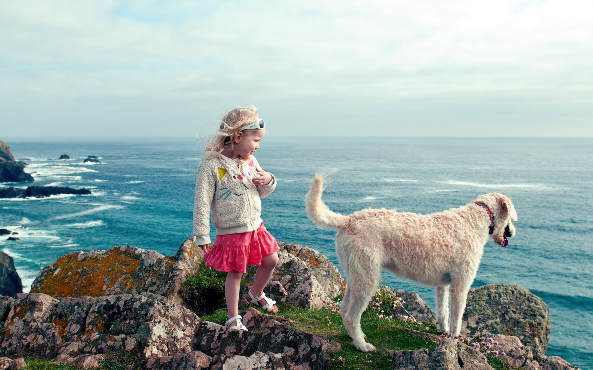 girl dog sea landscape