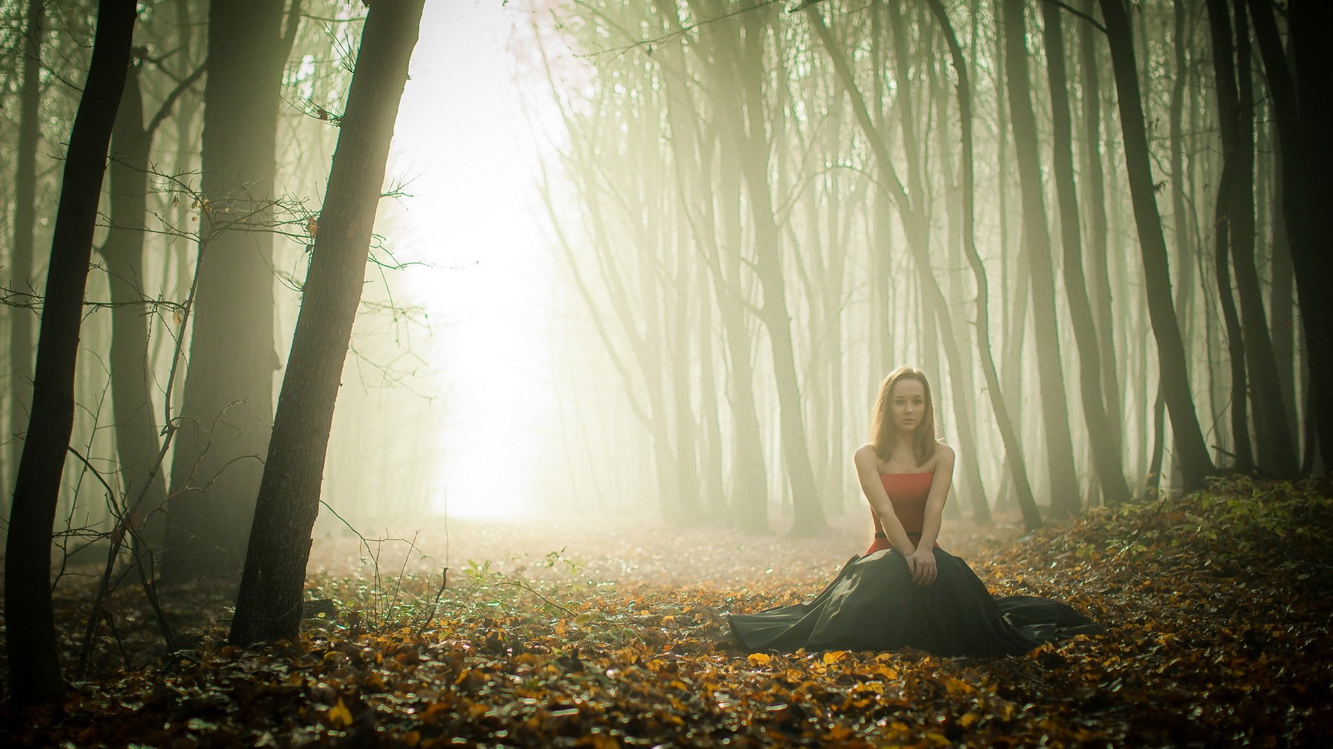 fille forêt brouillard automne