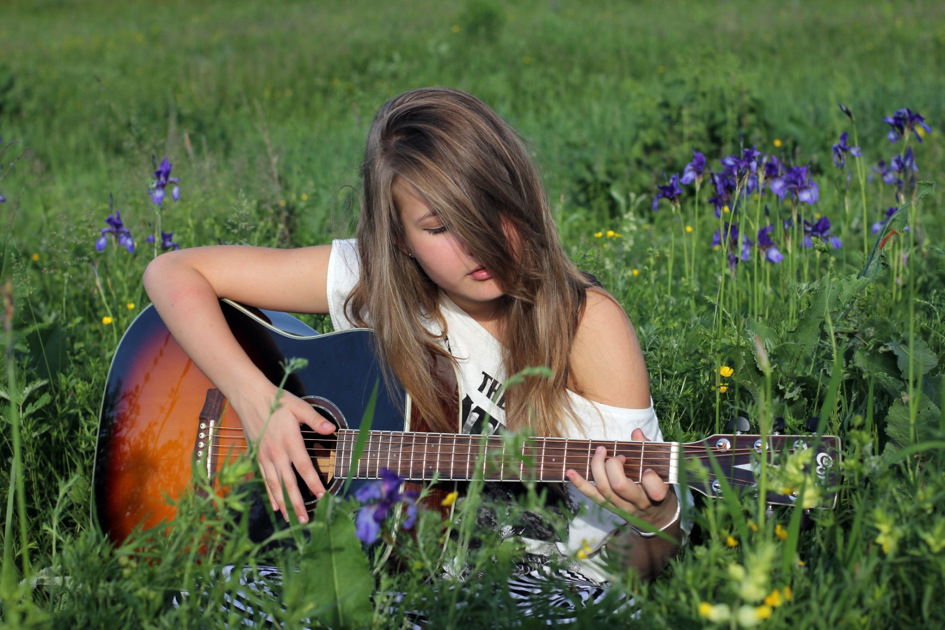 trawa polana dziewczyna gitara płyta rezonansowa struny podstrunnica natura zieleń