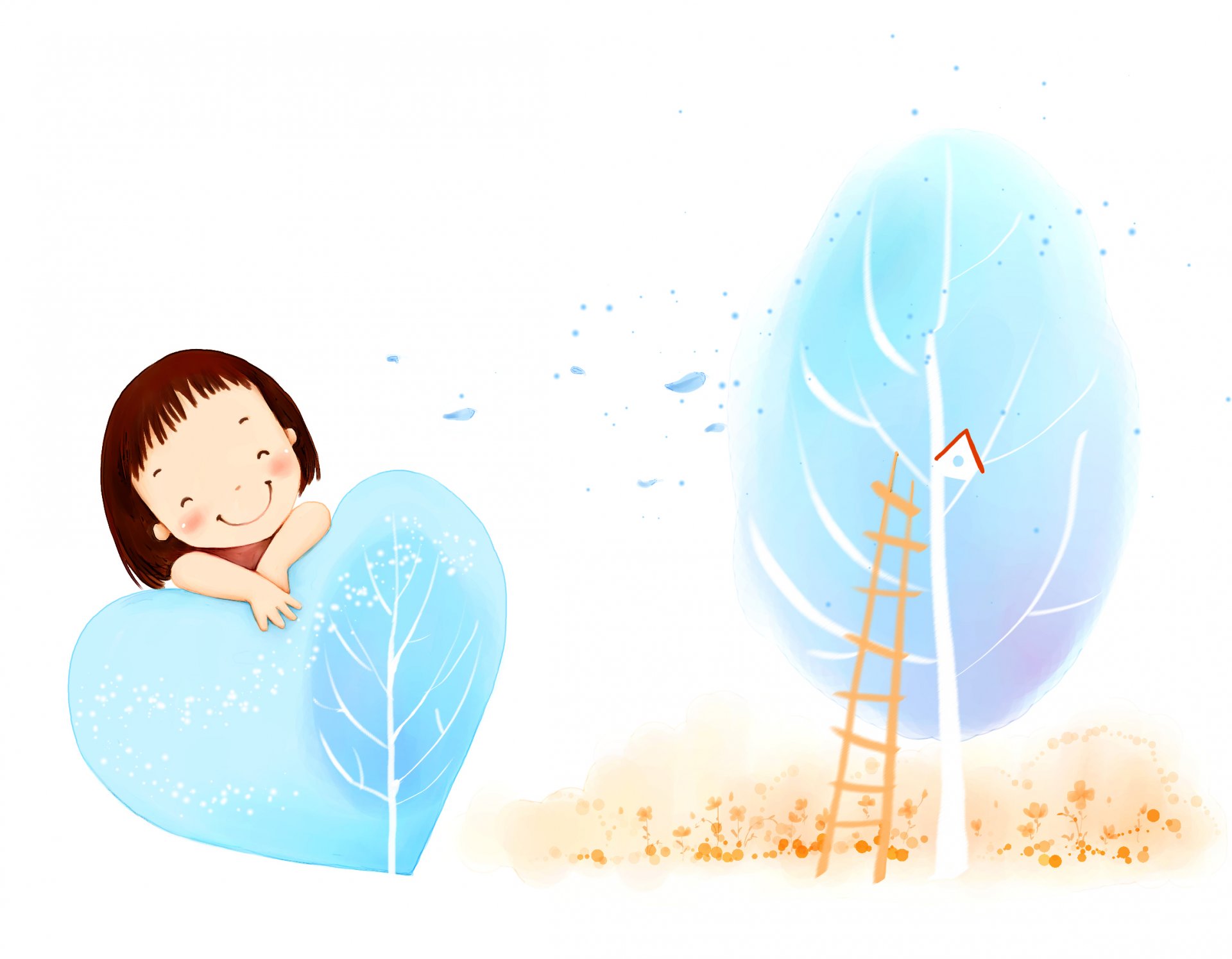 children s wallpaper girl smile tree starling foliage wind ladder heart