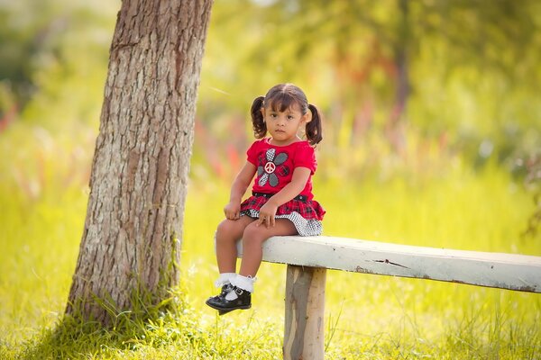 A little girl on a bench in a sunny forest