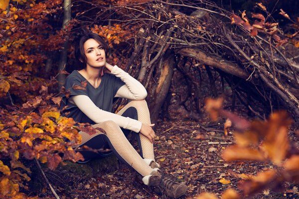 A brunette girl is sitting in an autumn forest