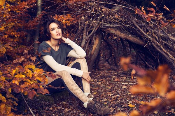 Morena chica se sienta en el bosque de otoño