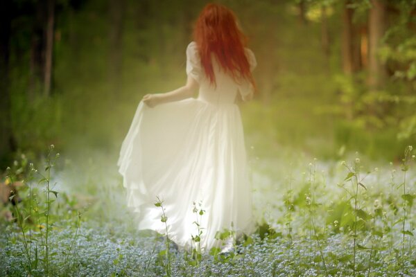 Beautiful girl among the flower forest