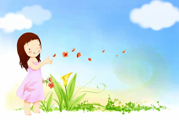 Fondos de pantalla para niños. Chica sonriente en un vestido con flores