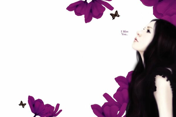 Beautiful long-haired brunette on a background of butterflies and flowers