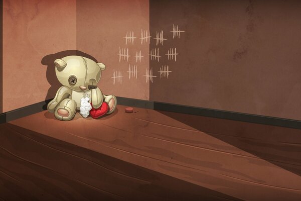 A torn teddy bear in the corner