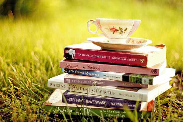 A stack of books with a cup and saucer on top in a clearing with grass