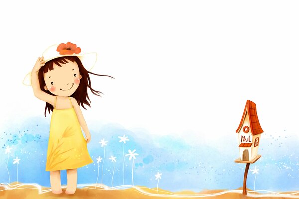 Рисунок девочка в желтом платье и шляпе рядом с почтовым ящиком