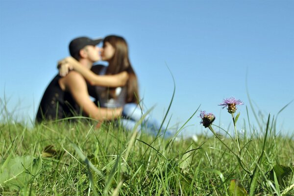 Ragazza e ragazzo nell erba che si baciano sulla natura