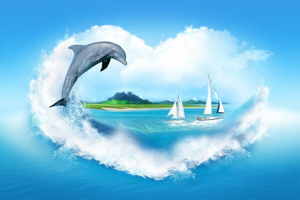 Сердце из облаков из моря выпрыгнул дельфин и виден берег
