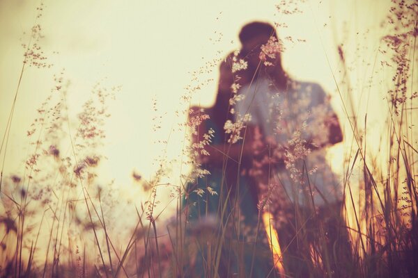 Liebespaar posiert für ein Foto in einem Feld mit Getreide gegen die Sonne