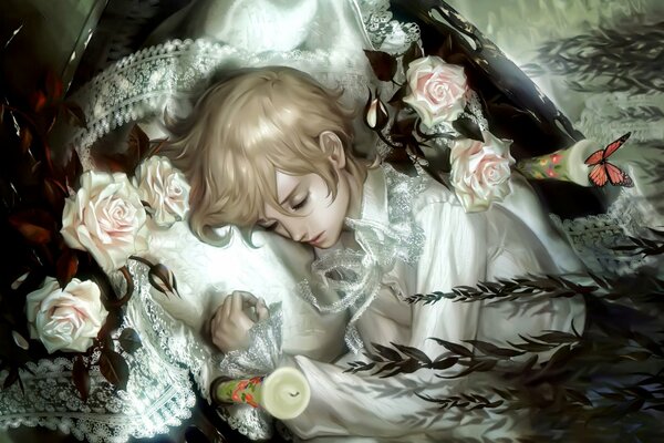 Butterflies, roses, flowers surround the sleeping boy
