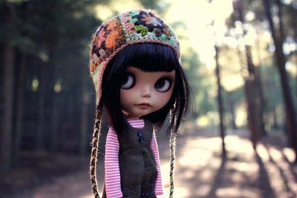 A doll with dark hair, big eyes in a hat