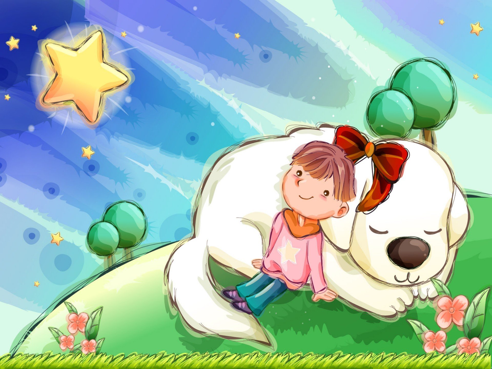 girl dog bow sky star field tree