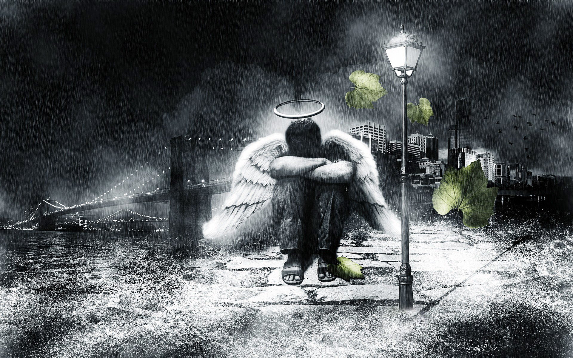 treet rain downpour leaves man wings halo angel aura loneliness sadness sadness city night lantern bridges light