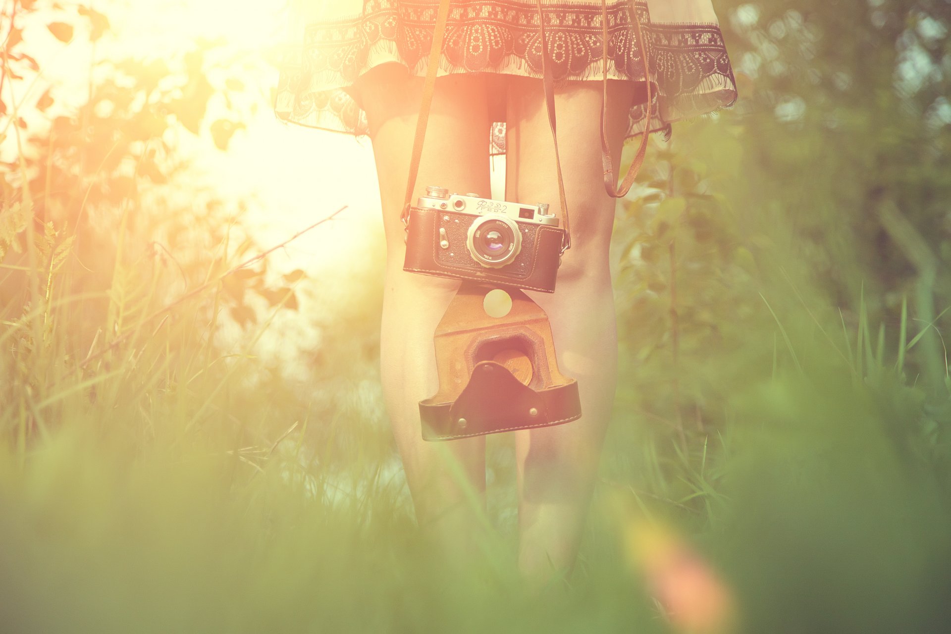 mädchen kamera foto sonne gras beine kleid blendung