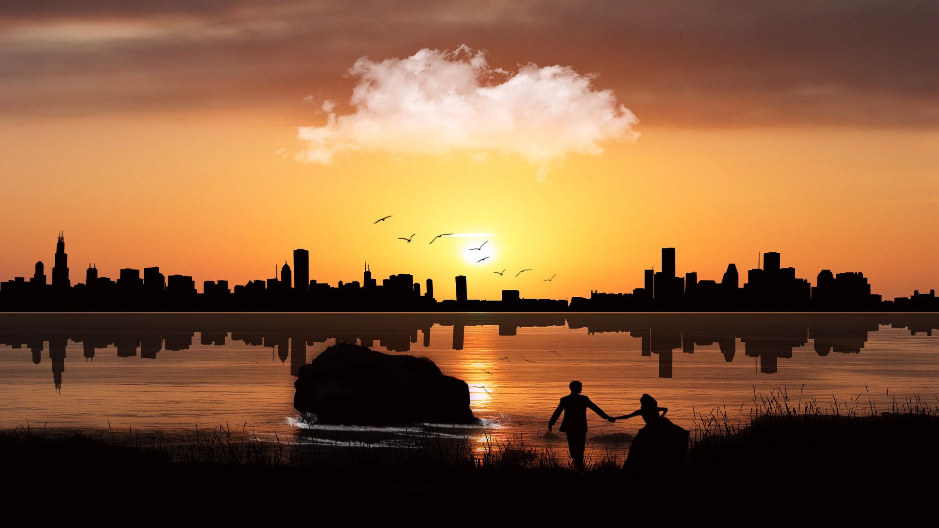 mood love the pair male wife groom bride men a woman guy girl wedding dress silhouettes sunset sun buildings town bird