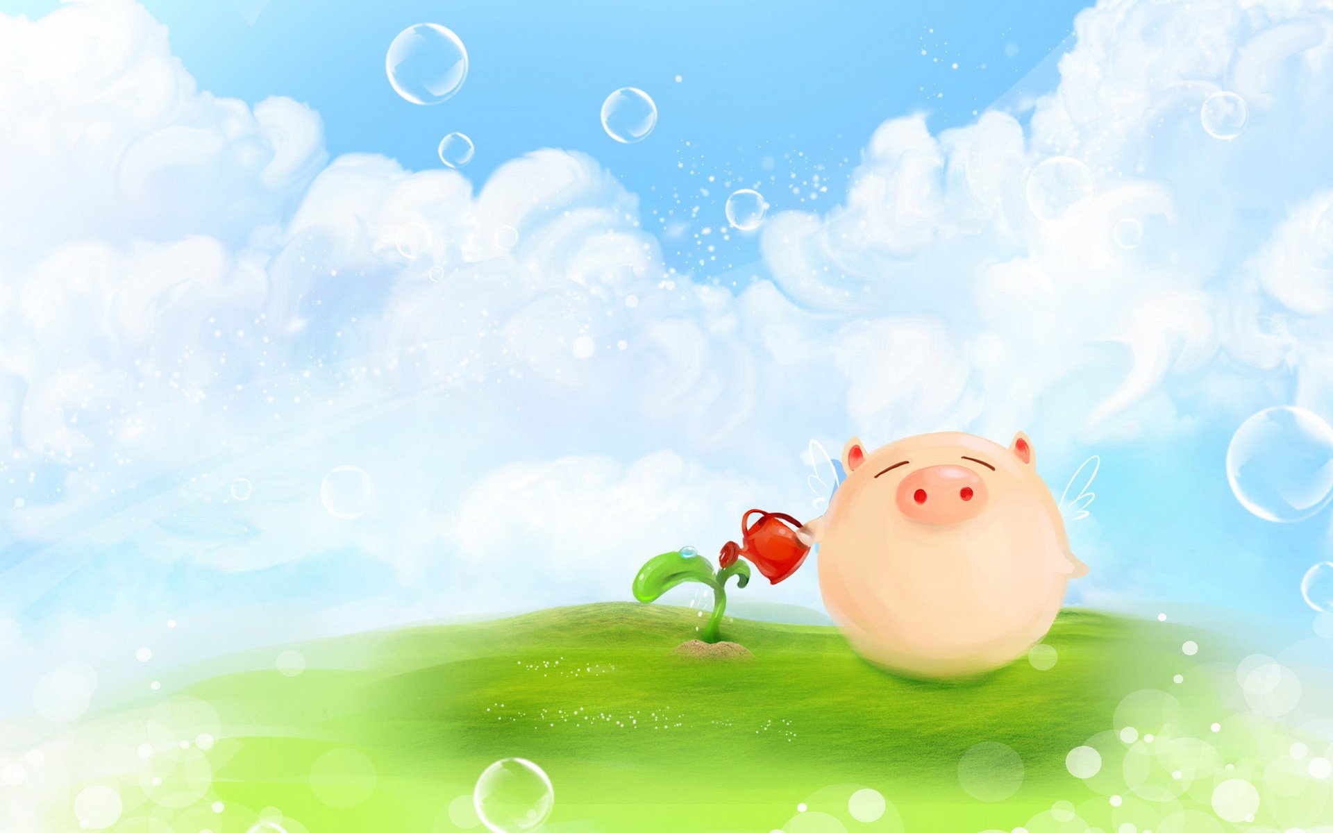 dessin prairie plante pousse arrosoir cochon cochon ailes bulles nuages positif