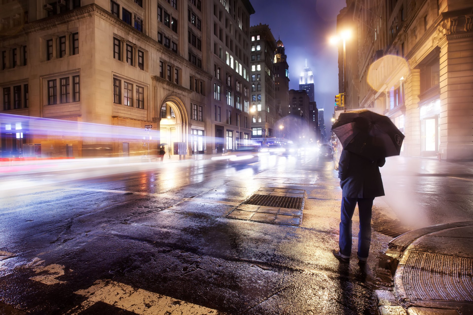 mood road loneliness man umbrella rain lights new york street wallpaper usa america