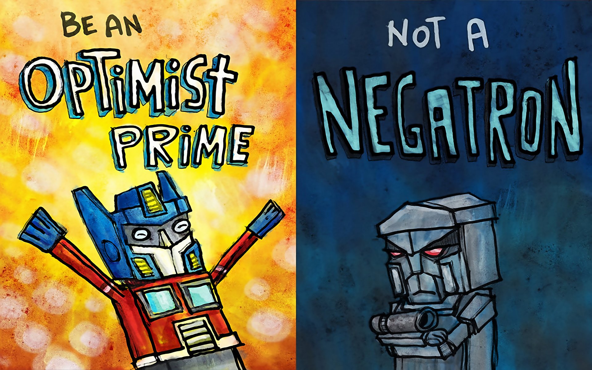 zeichnung optimist pessimist optimus prime megatron transformatoren humor