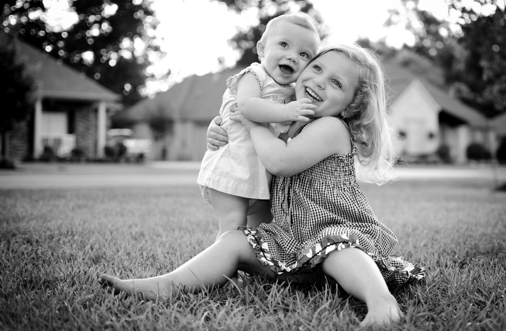 children kids girl black and white photo mood joy happiness smiles hug