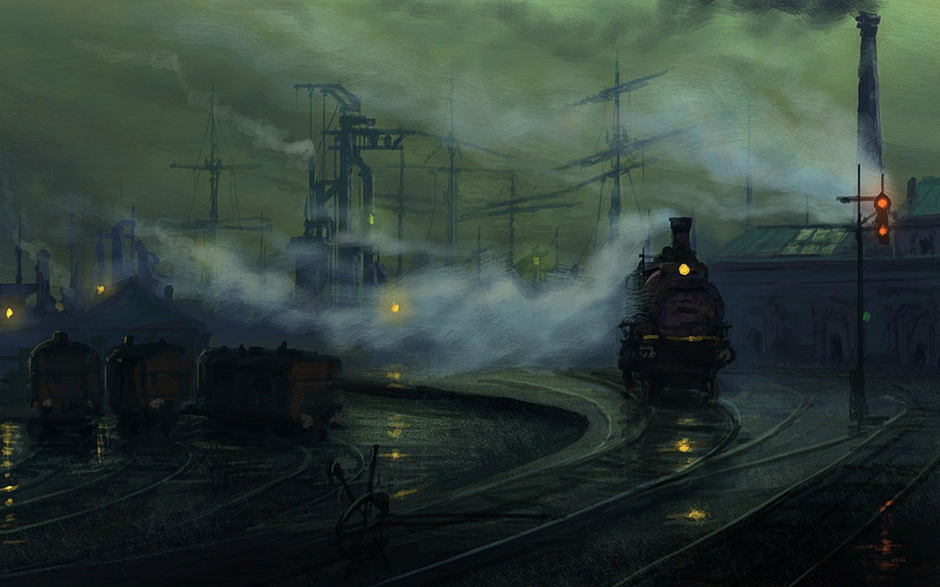 soirée rails voies locomotive à vapeur lumières art paysage industriel raphaël lacoste