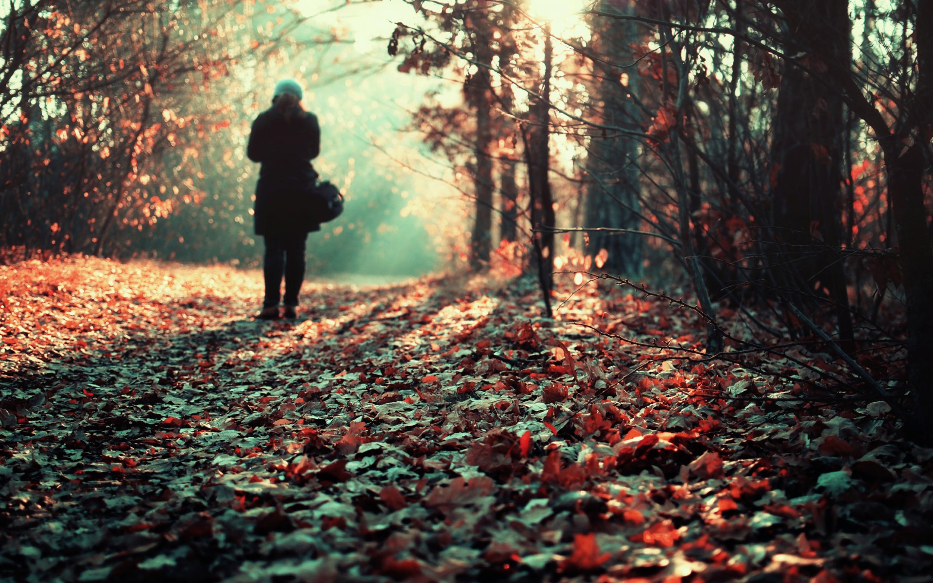 solitude tas de feuilles fille