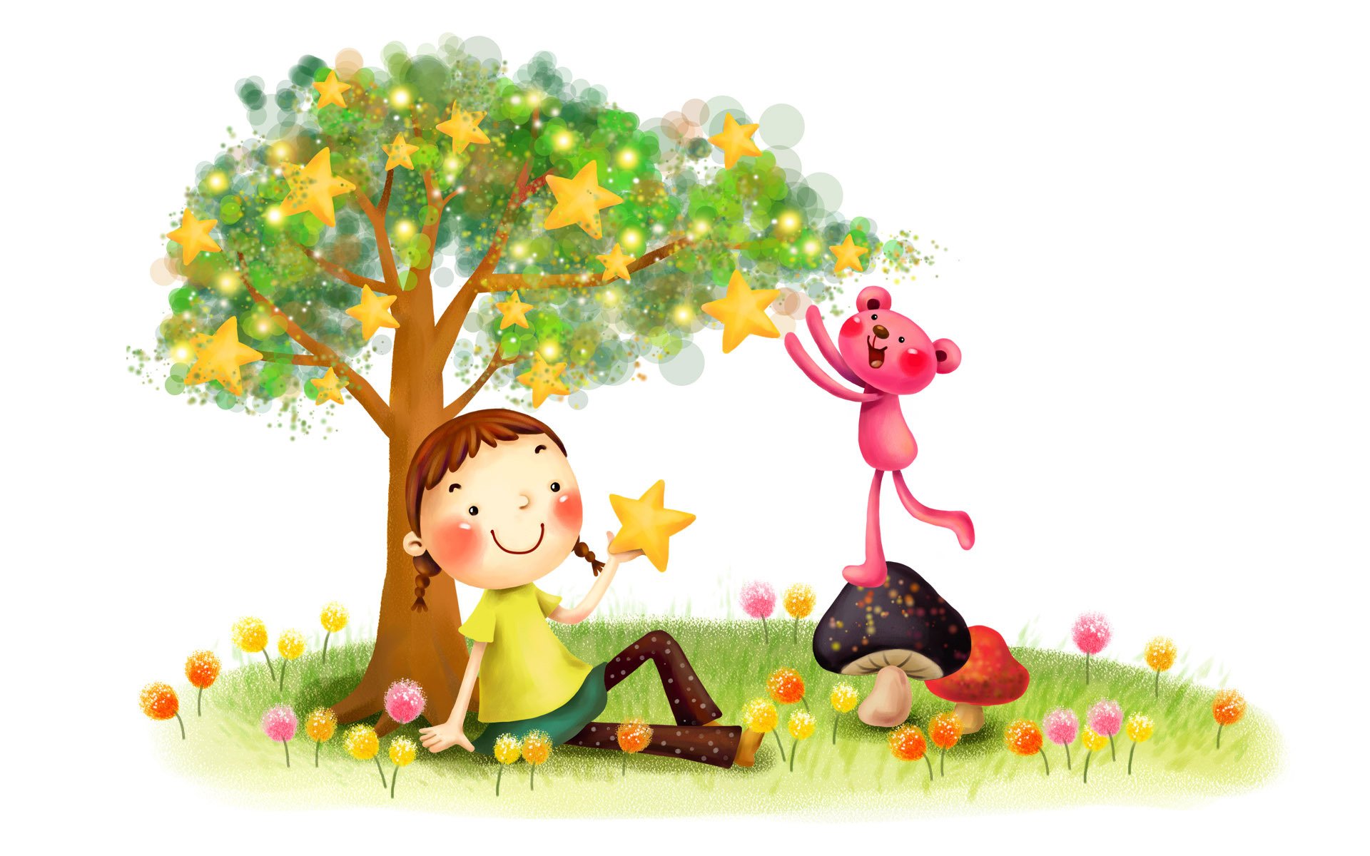 picture childhood fantasy girl mushrooms dandelions tree smile pigtails lawn gra