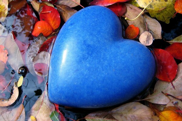 Blue stone in the form of a heart in autumn in a puddle